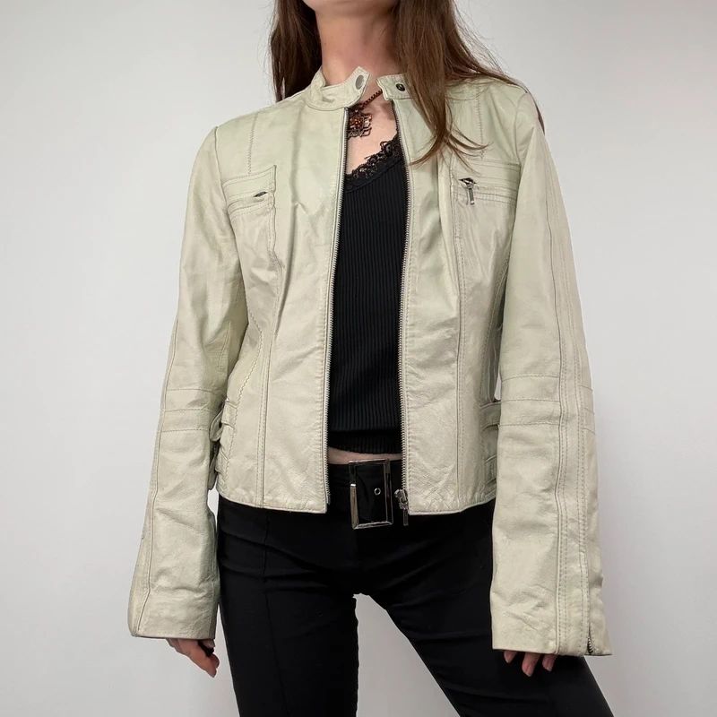 Cream Cropped Leather Biker Jacket