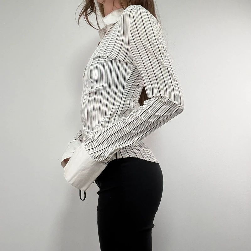 zip through pinstripe fitted white shirt