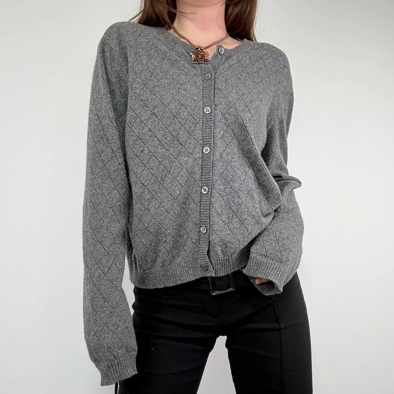 grey wool knitted pointelle cardigan
