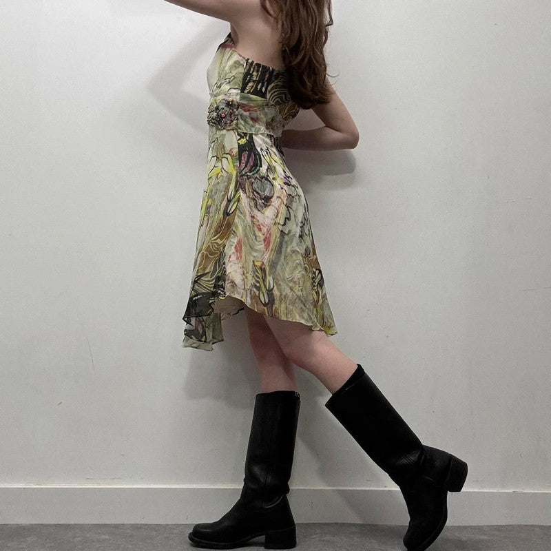 abstract floral bias midi dress