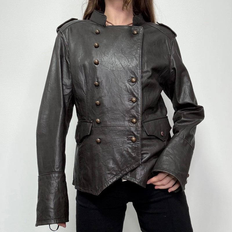 aymmetric brown leather military napolionic jacket