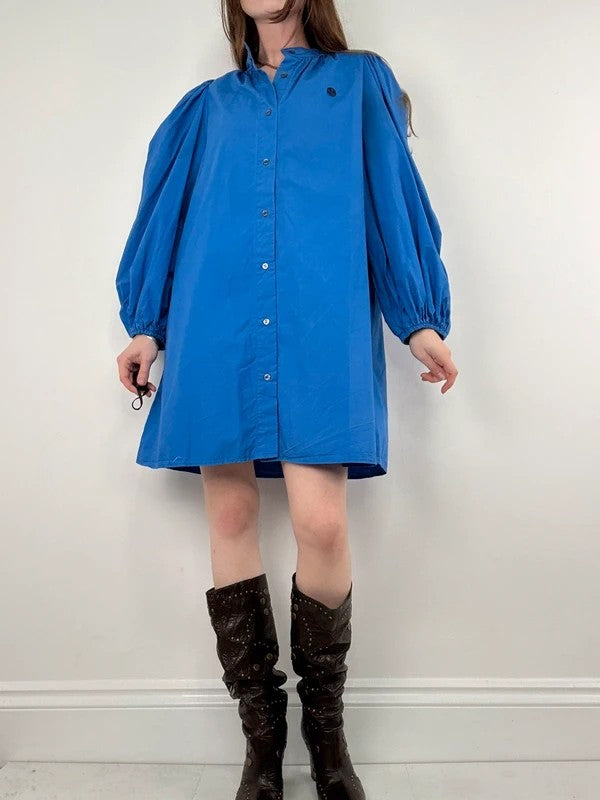 Blue cotton button puff midi shirt dress