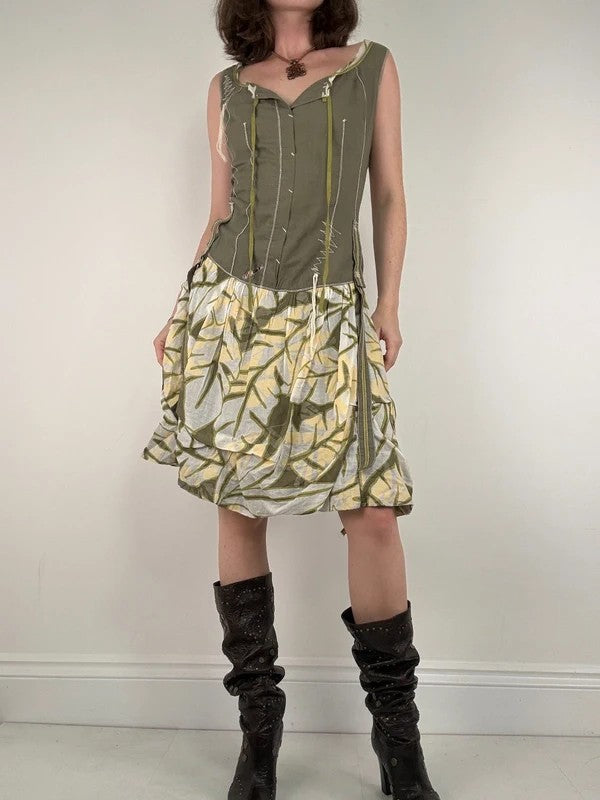 Cargo khaki patterned toggle midi puff dress