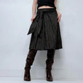 black pinstripe flared midi skirt