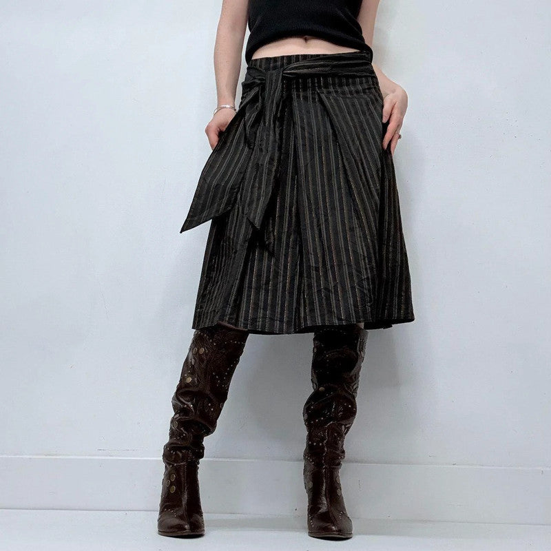 black pinstripe flared midi skirt