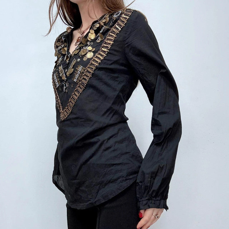 black flared coin hippie shirt