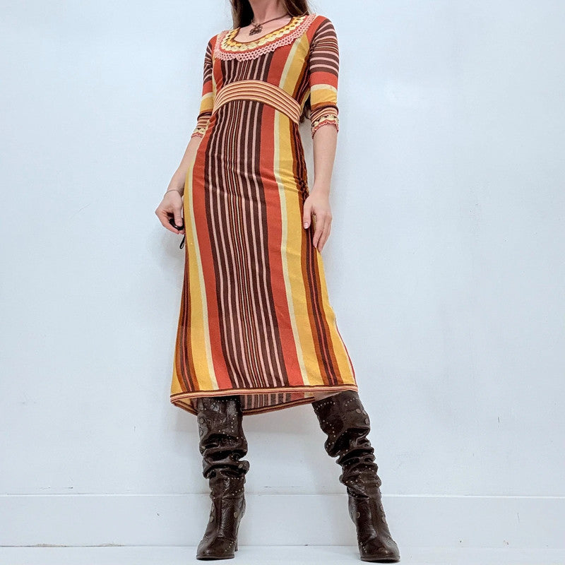 brown striped knitted crochet dress