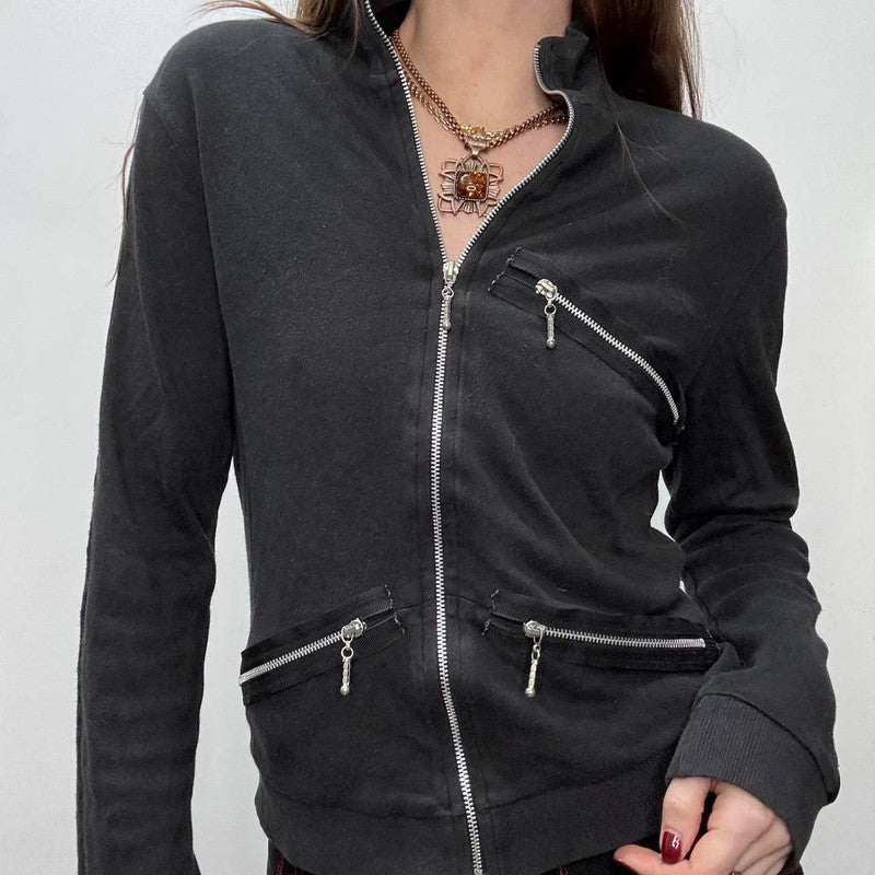 black fitted slouchy zip cardigan