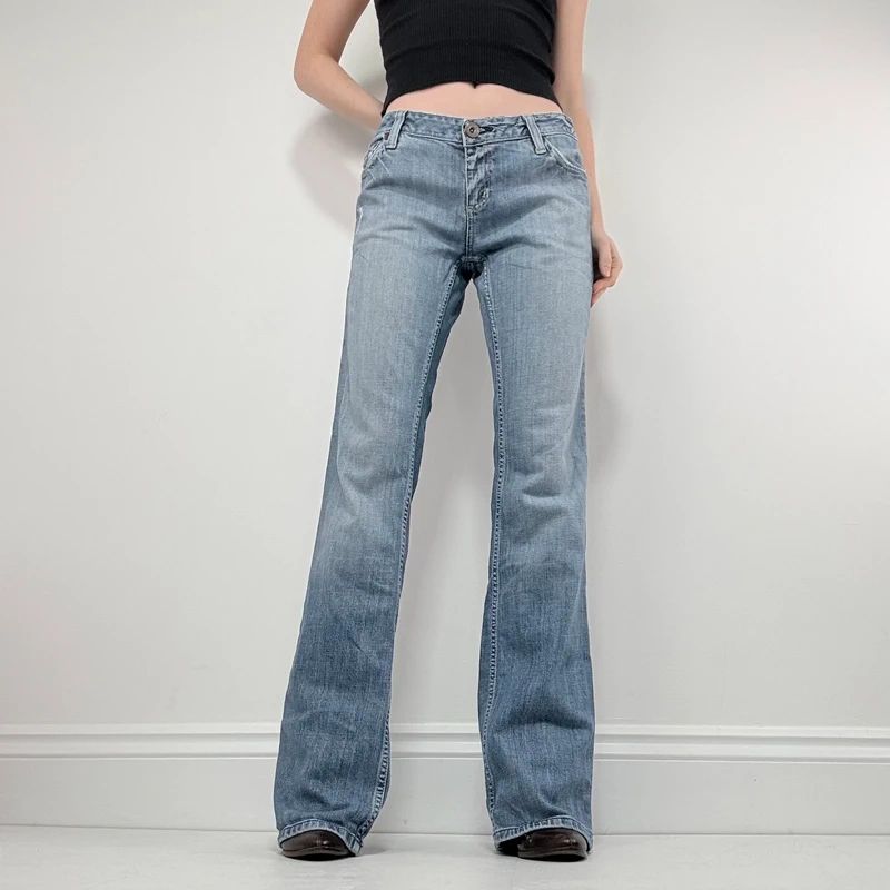 distressed flared leg low rise jeans