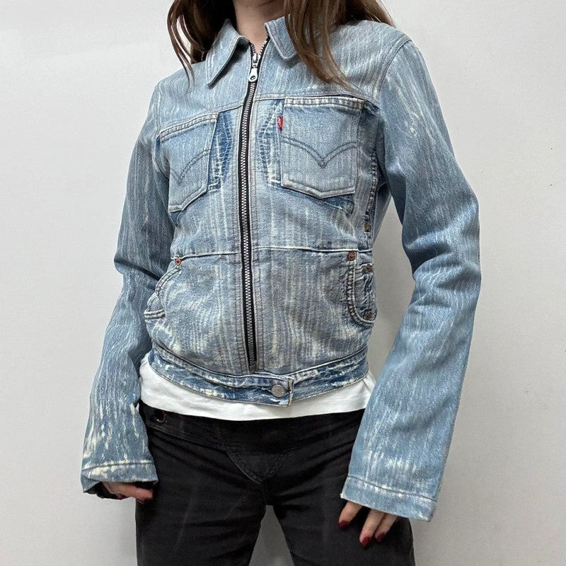 distressed patched denim jacket