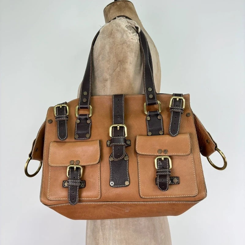 Tan leather Y2K buckle city handbag