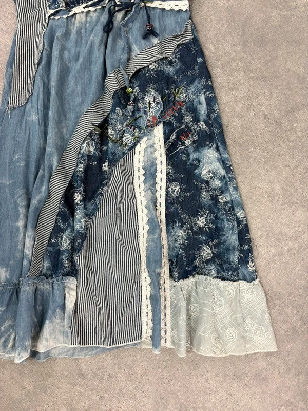 Floral lace blue flared patchwork midi dress