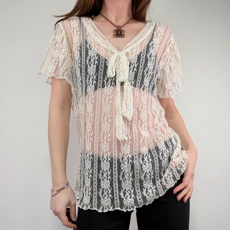 sheer cream lace floral mesh bow top