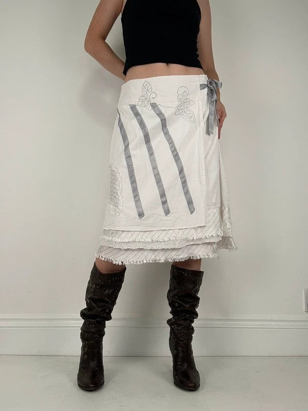 White fray patchwork asymmetrical bow midi skirt