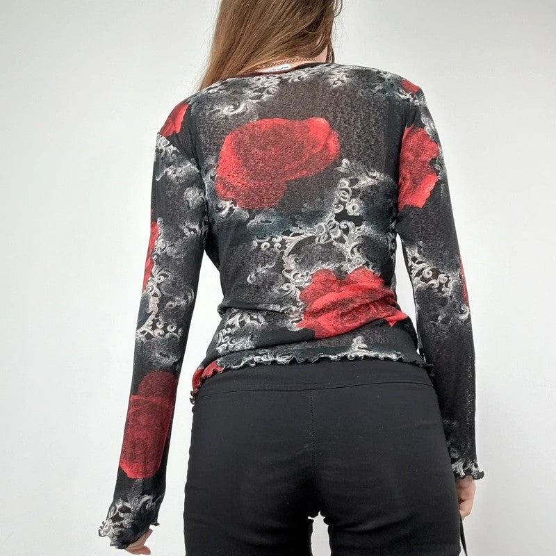 distressed floral rose print long sleeve mesh t-shirt