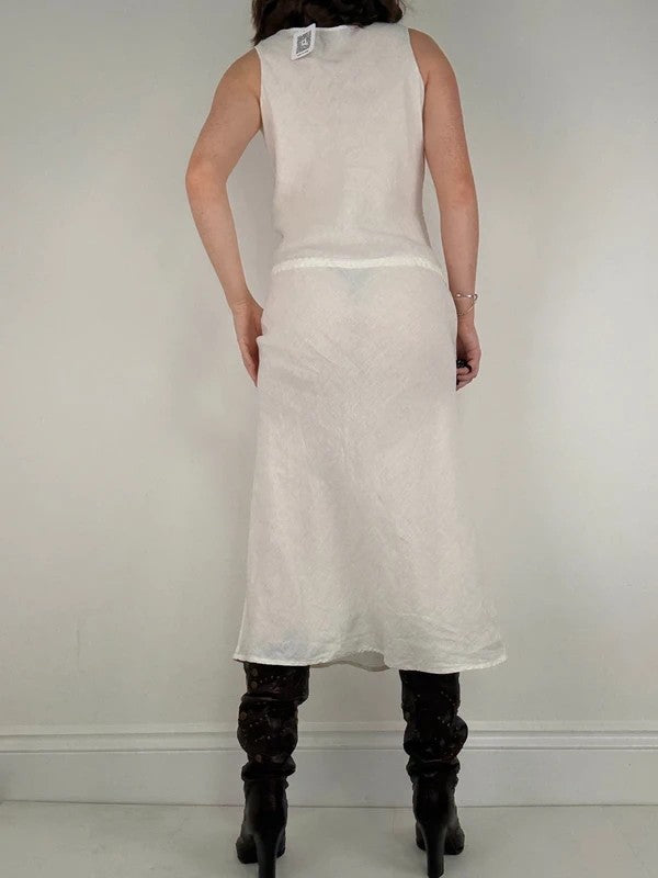 white linen bias cut drop waist maxi dress