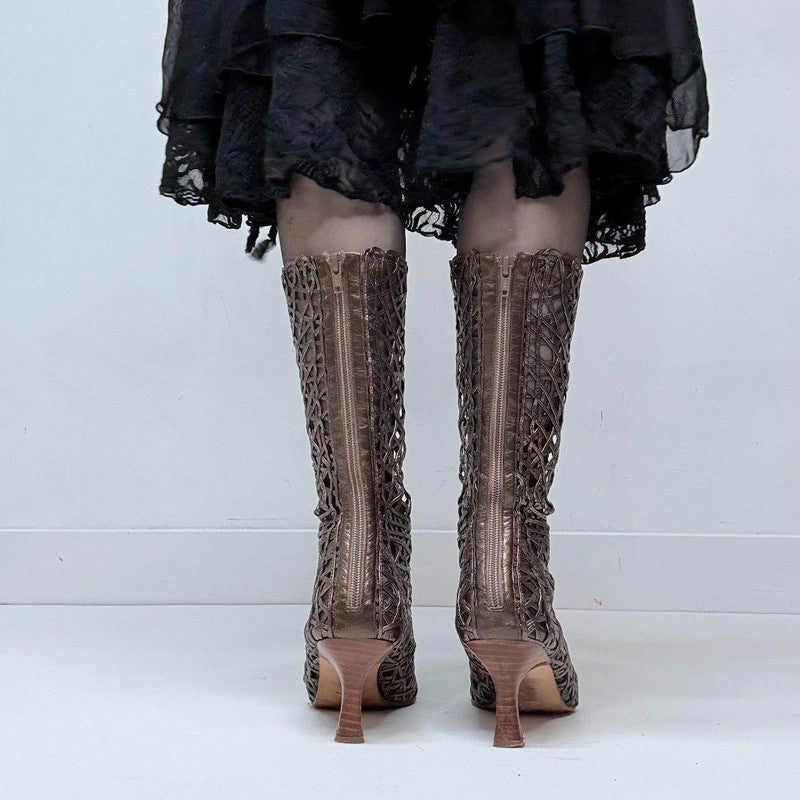 woven sheer lace leather heel boots