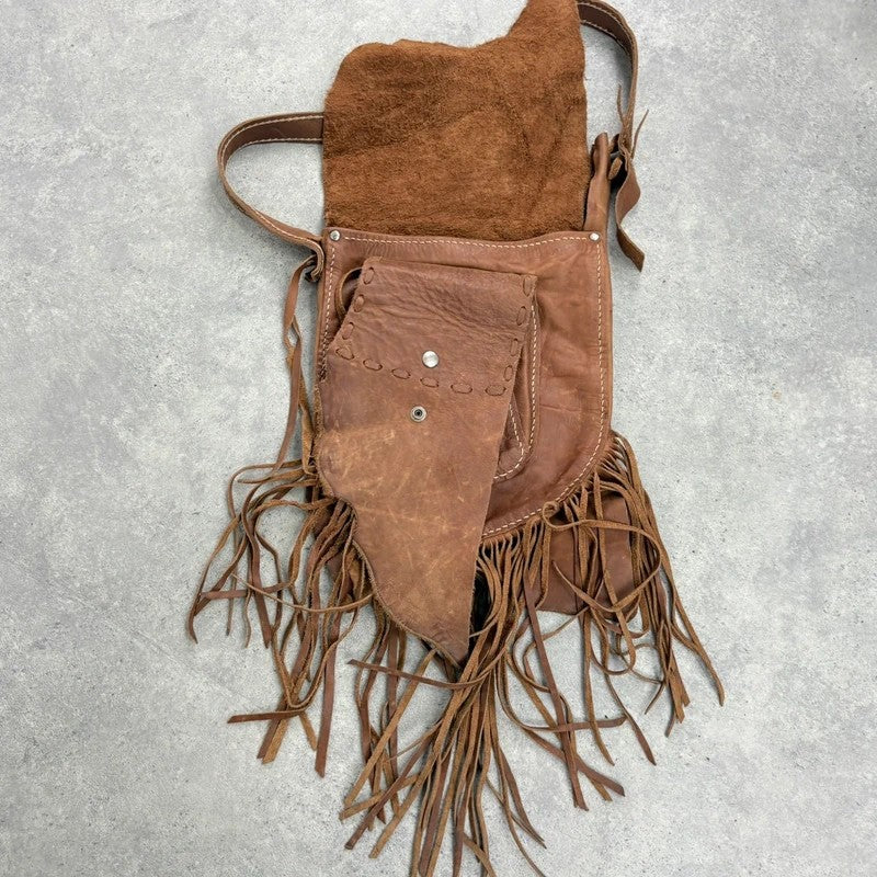 Vintage tan boho fringe satchel suede bag