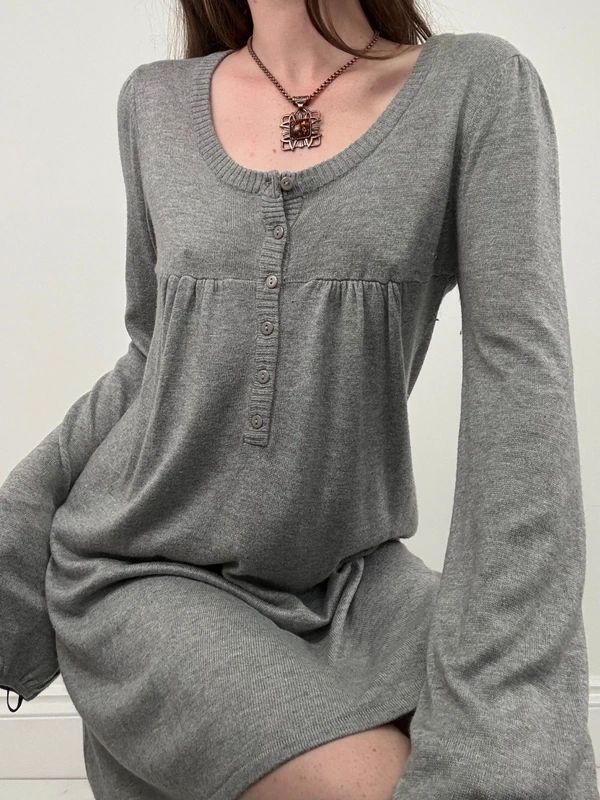 slouchy grey knit long sleeve mini dress