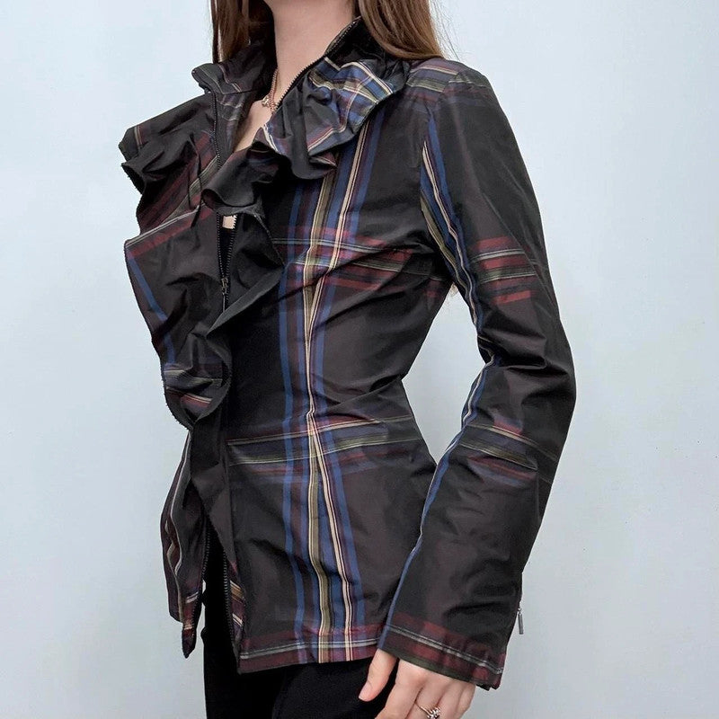 tartan checked structured ruffle shirt