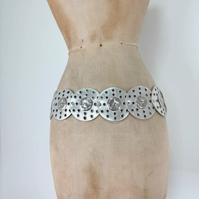 Silver leather studded circle belt