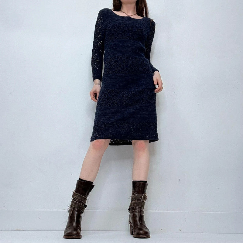 navy crochet long sleeve midi dress