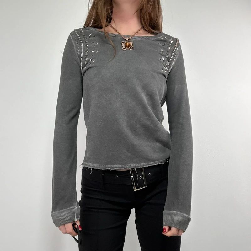 distressed cotton studded cropped sweatshirt