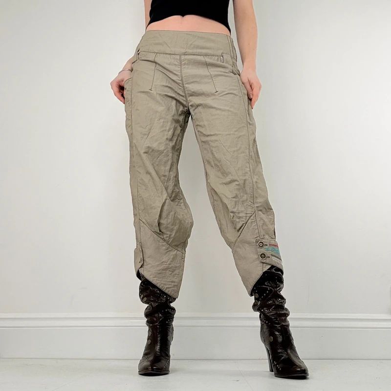 khaki low rise puff pleated trousers
