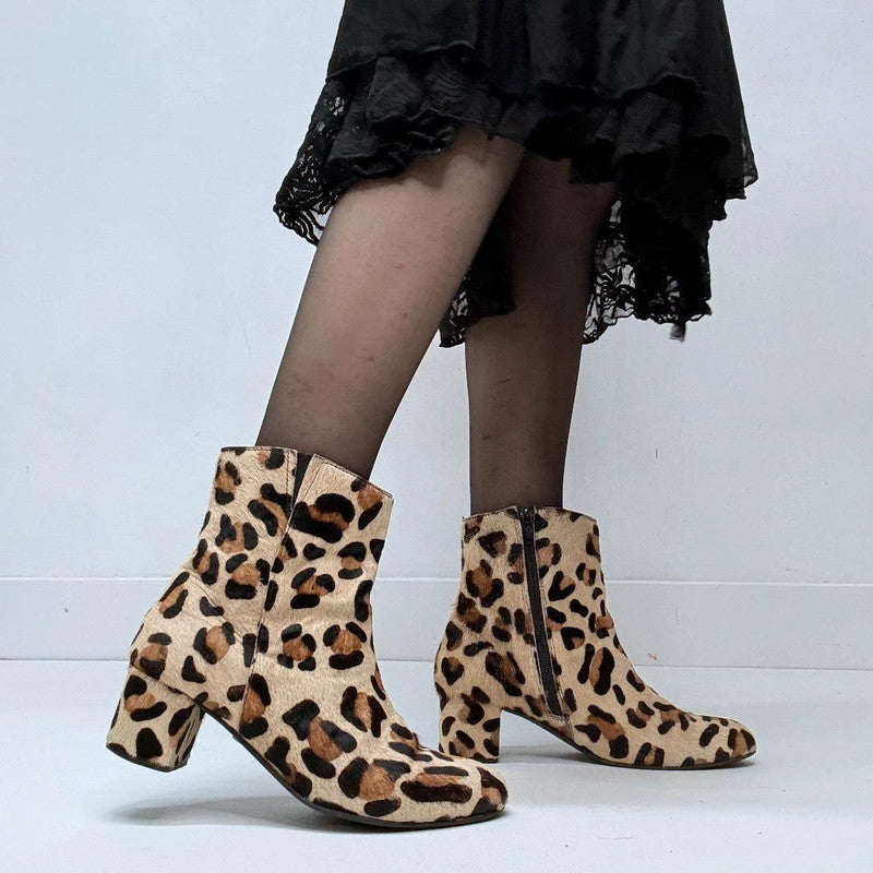 leopard print pony hair heel boots
