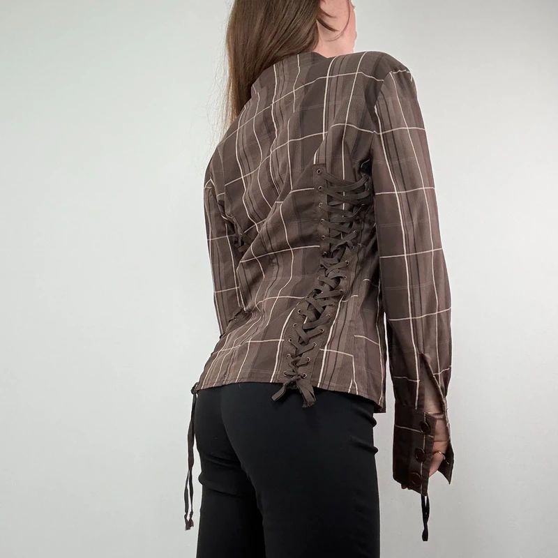 Brown tartan Asymmetric corset Shirt