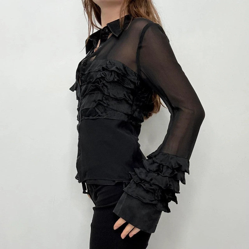 black ruffle grunge flare shirt