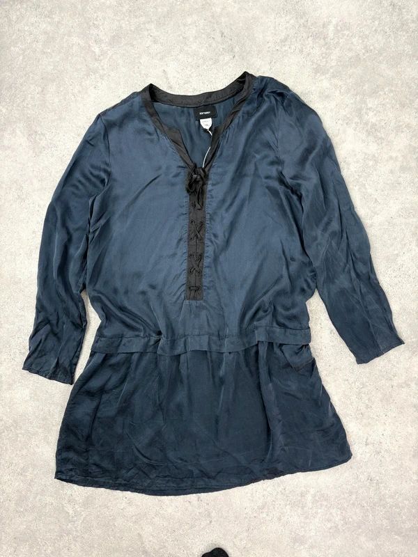 navy silk drop waist long sleeve shirt dress