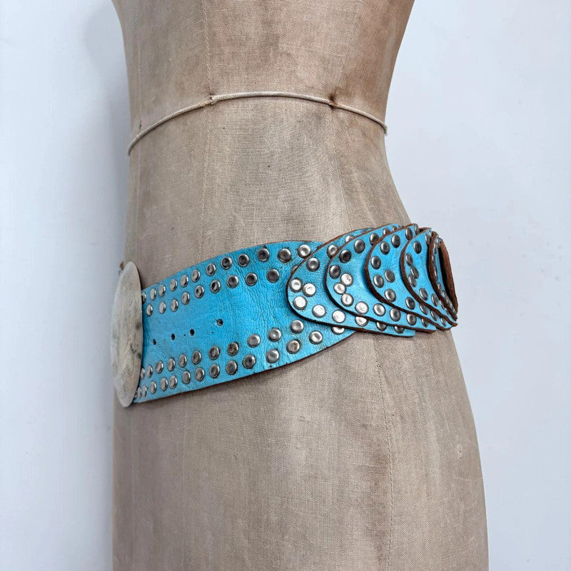 blue western leather studded metal belt