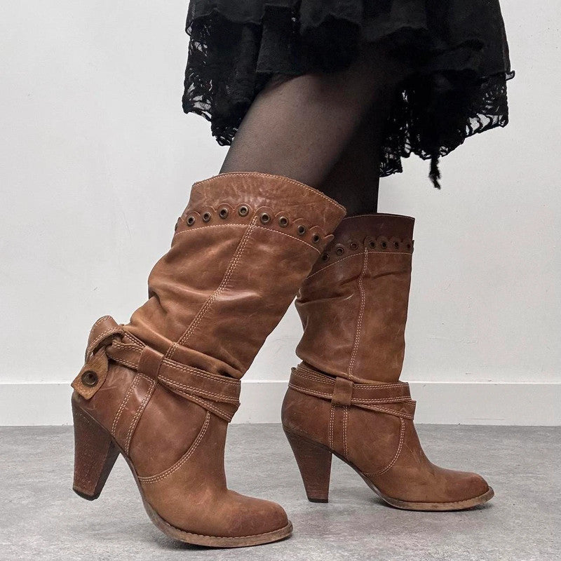 tan leather slouchy studded boots