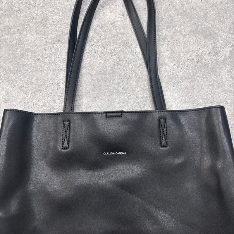 black faux leather tote bag