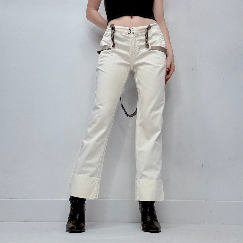 white low rise structured leather belted trousers