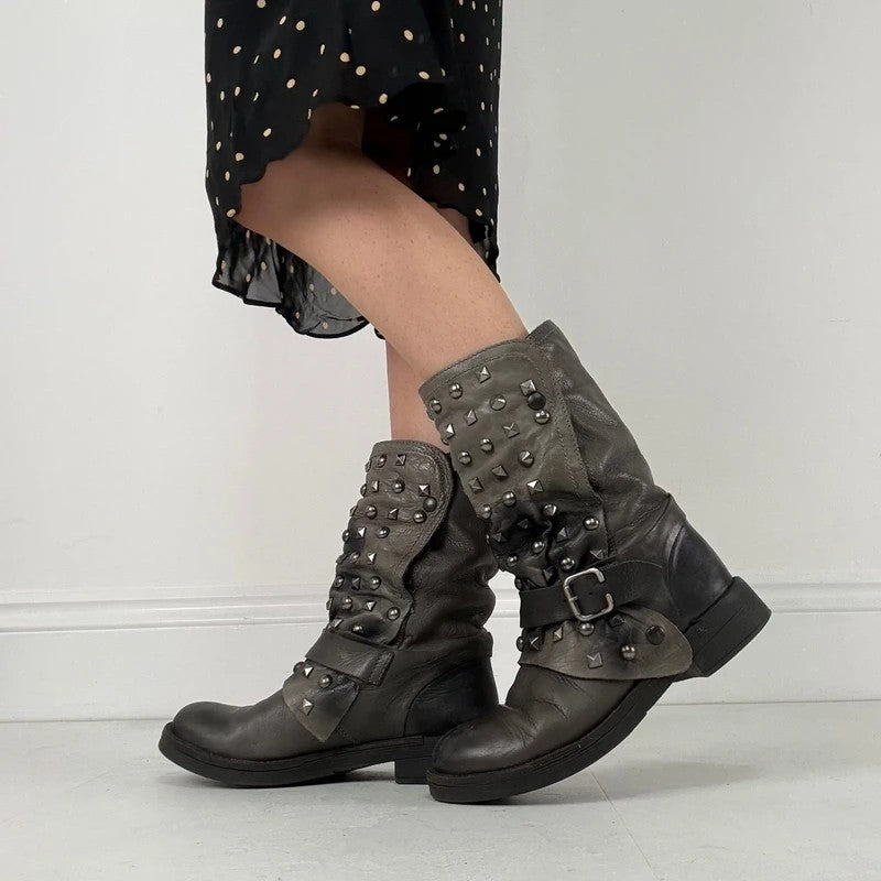 Grey studded slouchy leather boots
