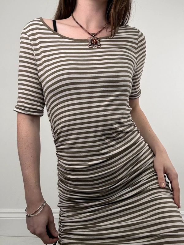 khaki striped gathered cinched midi dress