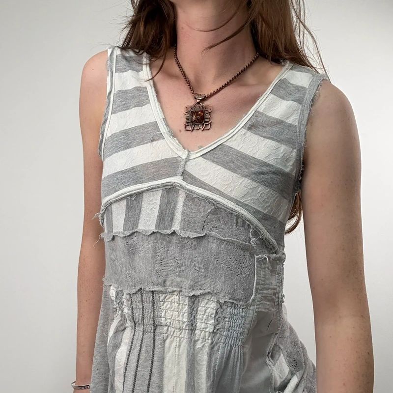 grey striped patchwork asymmetric vest