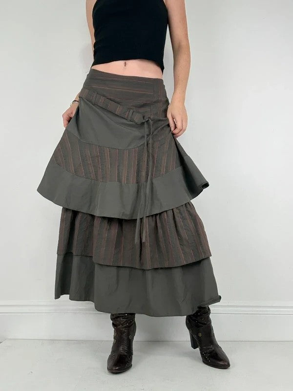Khaki layered pinstripe maxi skirt