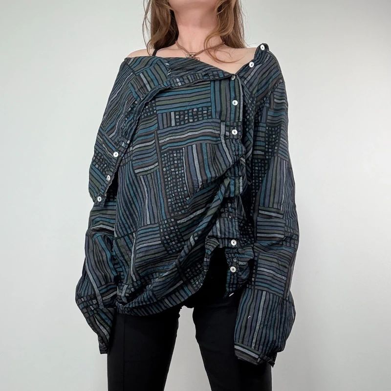 Asymmetric fold over draped checked pinstripe Shirt