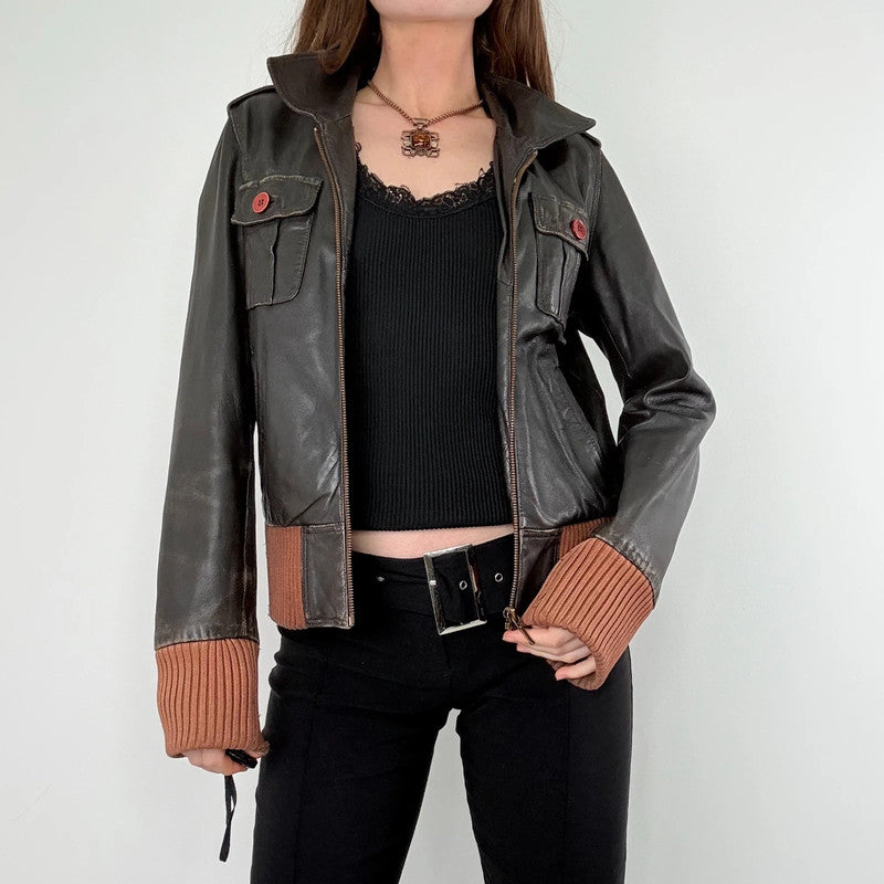 brown leather cinched ribbed waistband jacket