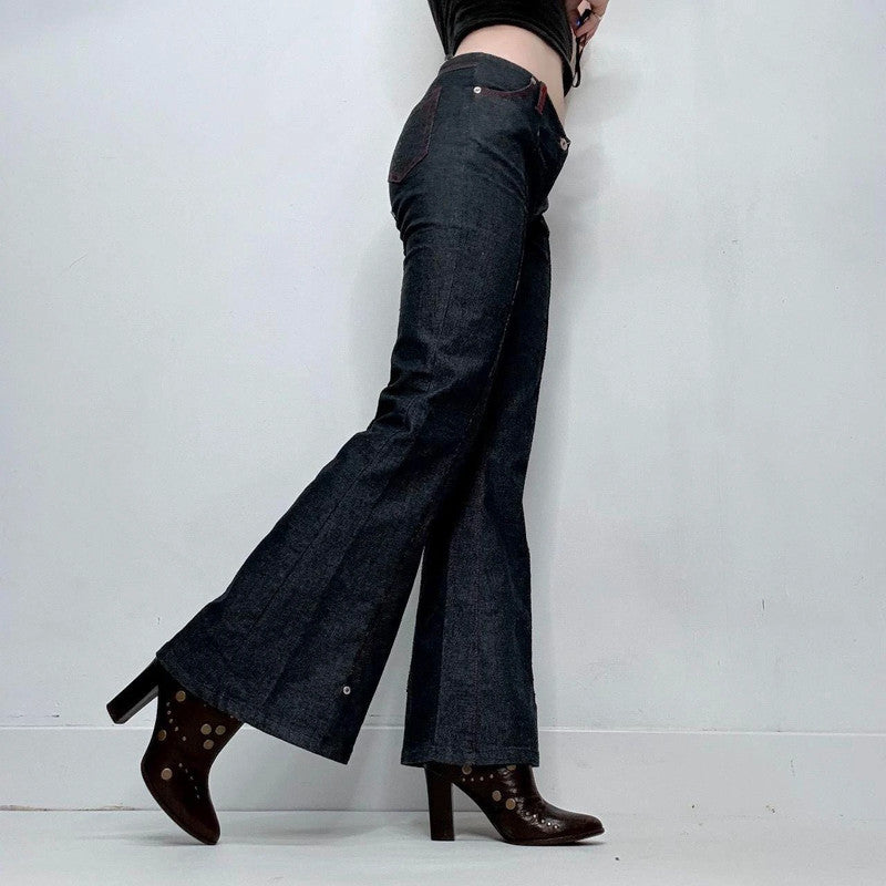 dark denim flared low rise stretch jeans