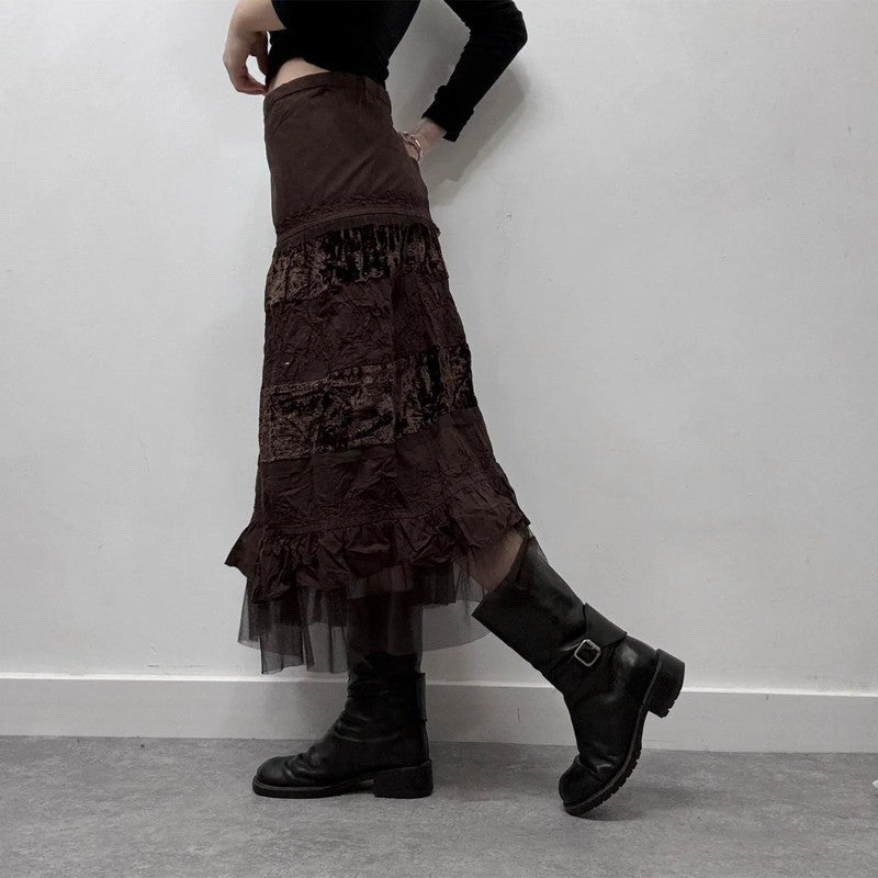 brown velvet lace midi skirt