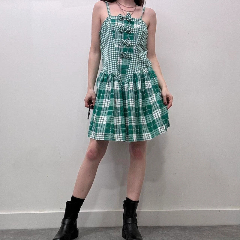 green gingham bow dress