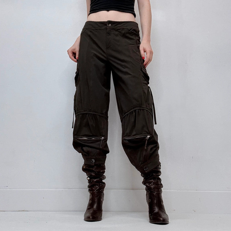 gathered pleated brown low rise grunge utility trousers