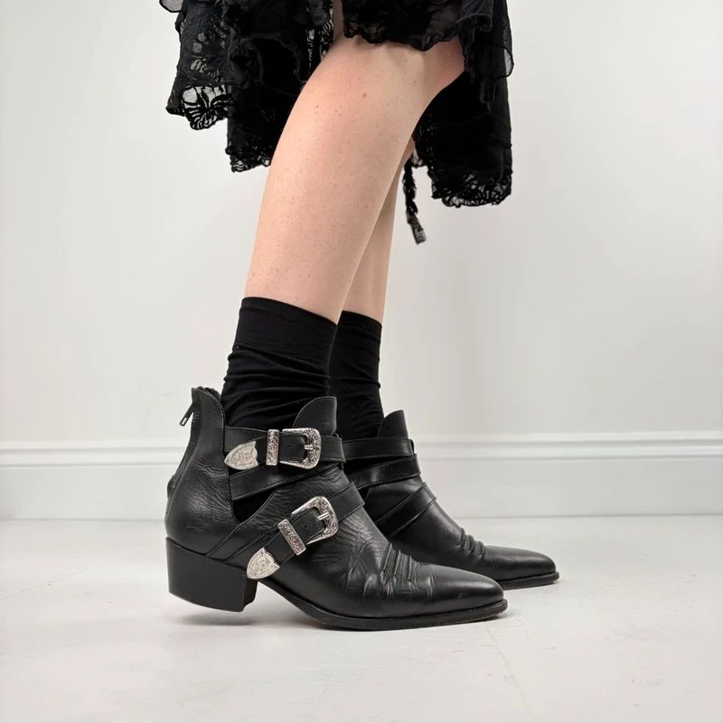 The Kooples black leather buckle western boho boots
