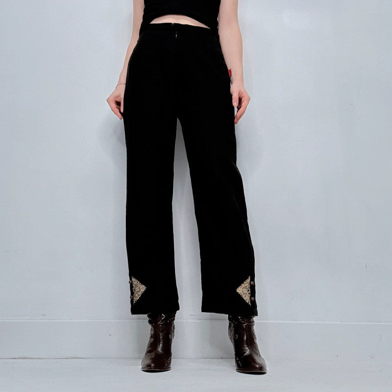 black linen wide leg embroidered trousers