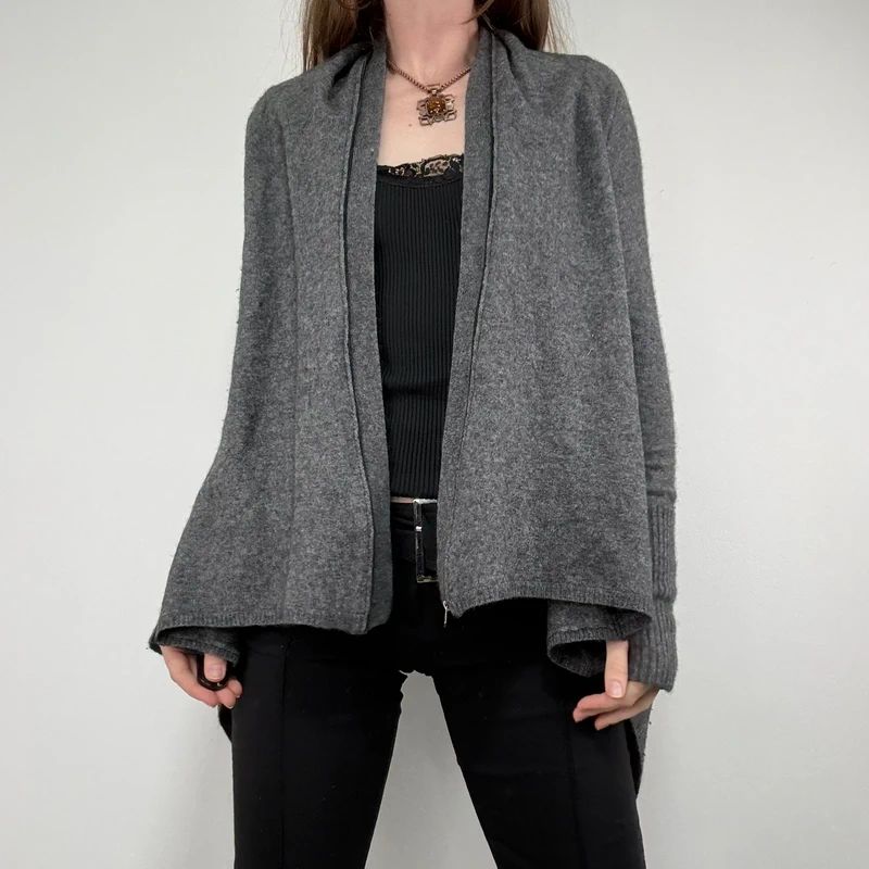 Asymmetric grey wool zip cardigan