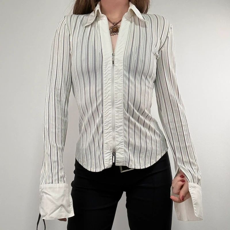 zip through pinstripe fitted white shirt
